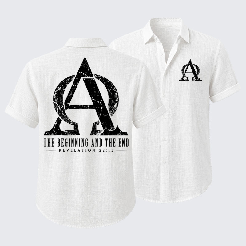 Short Sleeve Casual Shirt - Alpha & Omega – The Beginning and the End - White (front and back)