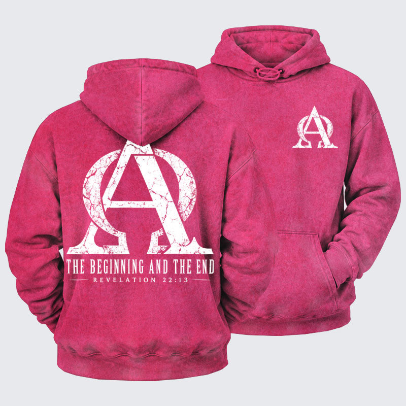 Washed Hoodie - Alpha & Omega – The Beginning and the End - Pink (front and back)