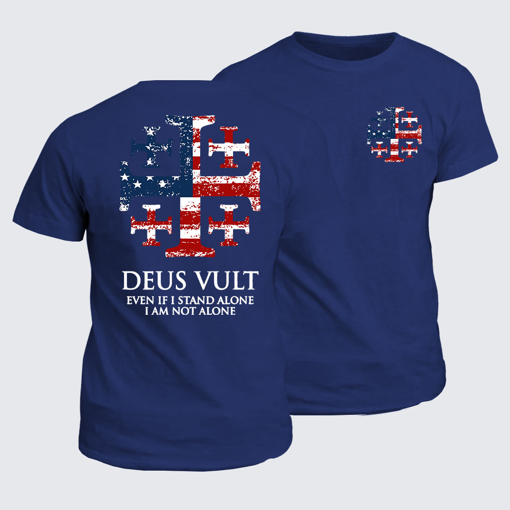 Classic Cotton Tee -  Deus Vult Jerusalem Cross Usa Flag Even If I Stand Alone, I Am Not Alone