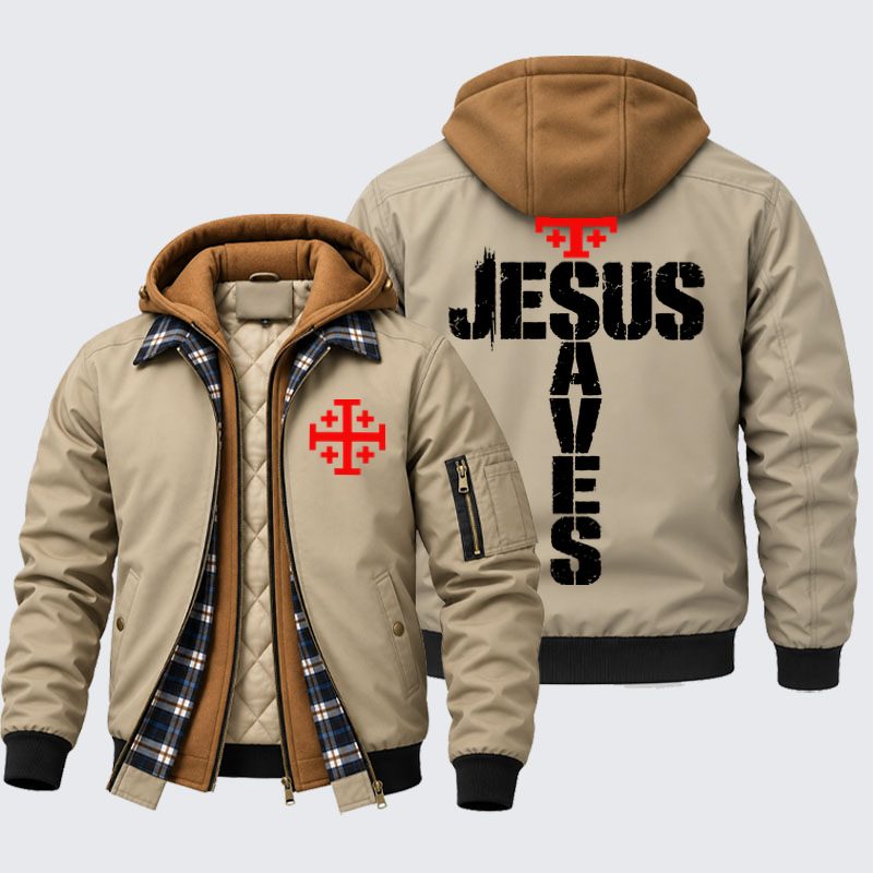 Hooded Bomber Jacket - Jesus Saves Jerusalem Cross - Khaki (front and back)