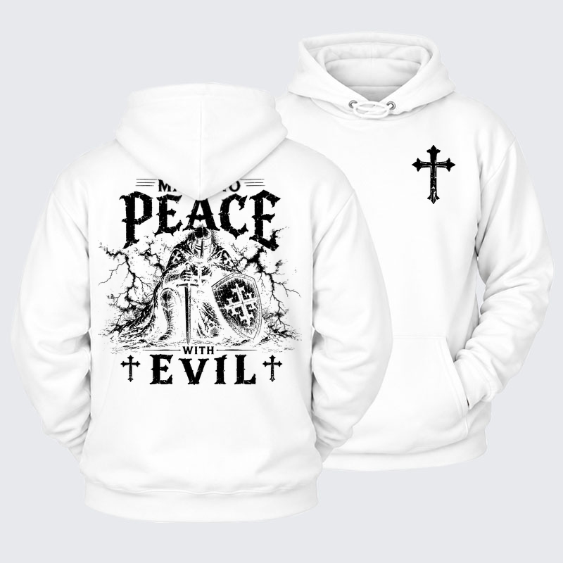 Plush Fleece-Lined Hoodie - Make No Peace With Evil - White (front and back)