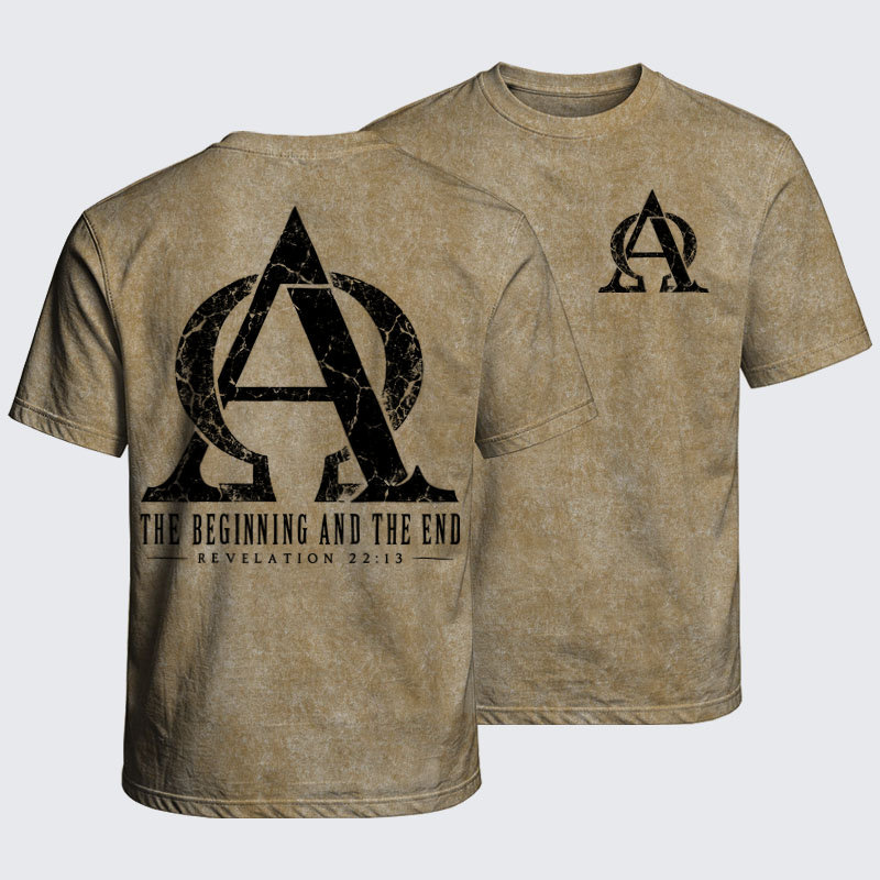 Washed T-Shirt - Alpha & Omega – The Beginning and the End - Khaki (front and back)