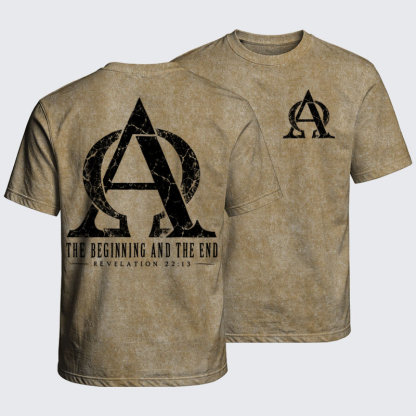 Washed T-Shirt - Alpha & Omega – The Beginning and the End - Khaki (front and back)