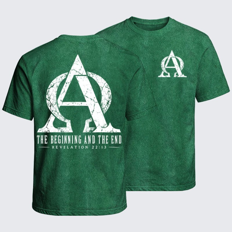 Washed T-Shirt - Alpha & Omega – The Beginning and the End - Grass Green (front and back)