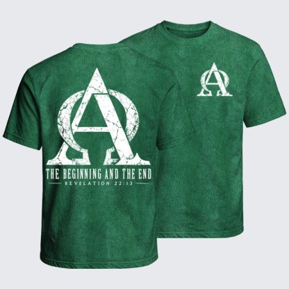 Washed T-Shirt - Alpha & Omega – The Beginning and the End - Grass Green (front and back)