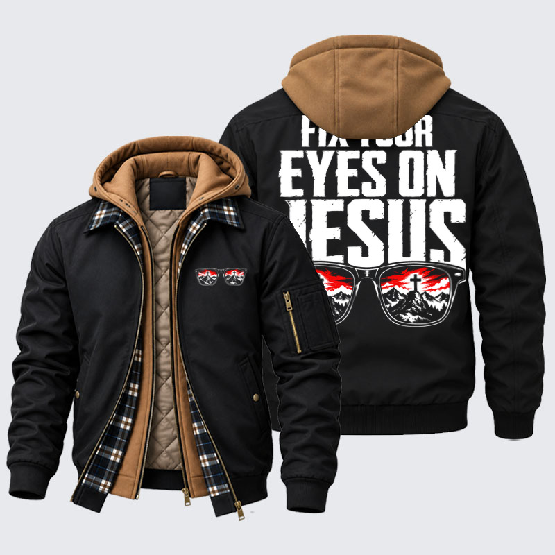 Hooded Bomber Jacket - Fix Your Eyes on Jesus - Black (front and back)