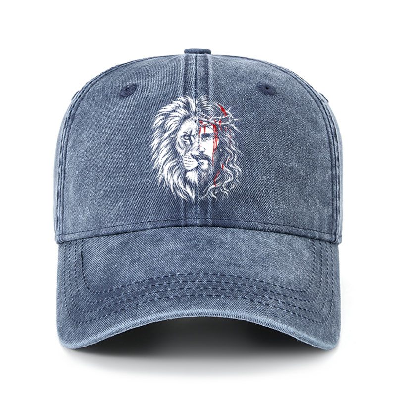 Heritage Washed Cap - Lion of Judah & Jesus – Crown of Thorns - Navy (front)