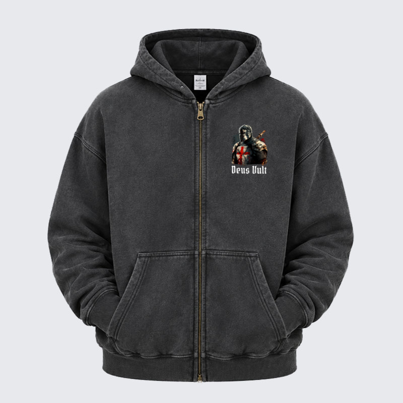Washed Zip-Up Hoodie - Deus Vult - Black (front)