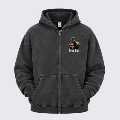 Washed Zip-Up Hoodie - Deus Vult - Black (front)