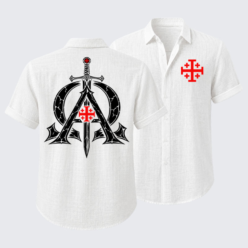Short Sleeve Casual Shirt - Alpha & Omega – Revelation 22:13 Christian Warrior - White (front and back)
