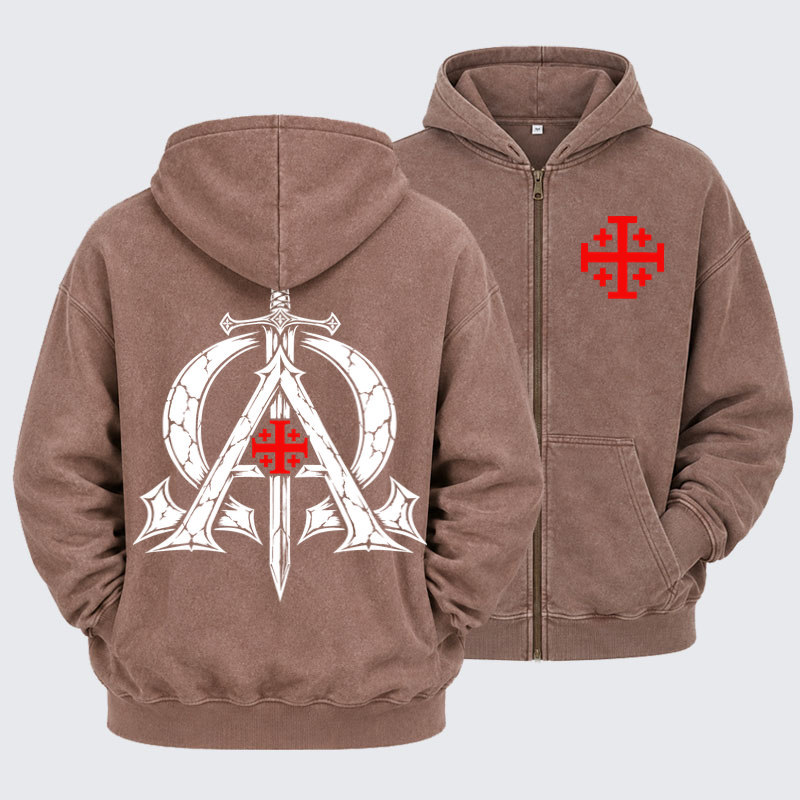 Washed Zip-Up Hoodie - Alpha & Omega – Revelation 22:13 Christian Warrior - Coffee (front and back)