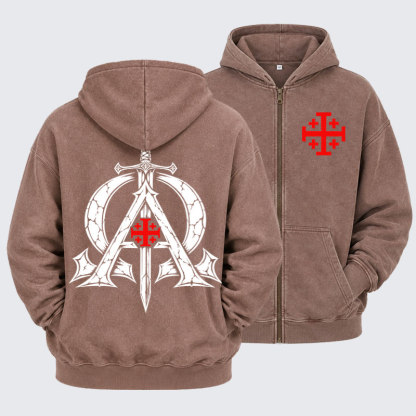 Washed Zip-Up Hoodie - Alpha & Omega – Revelation 22:13 Christian Warrior - Coffee (front and back)