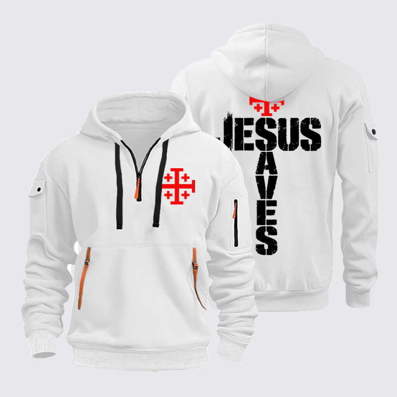 Zipper Hoodies - Jesus Saves Jerusalem Cross - White (front and back)