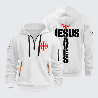 Zipper Hoodies - Jesus Saves Jerusalem Cross - White (front and back)