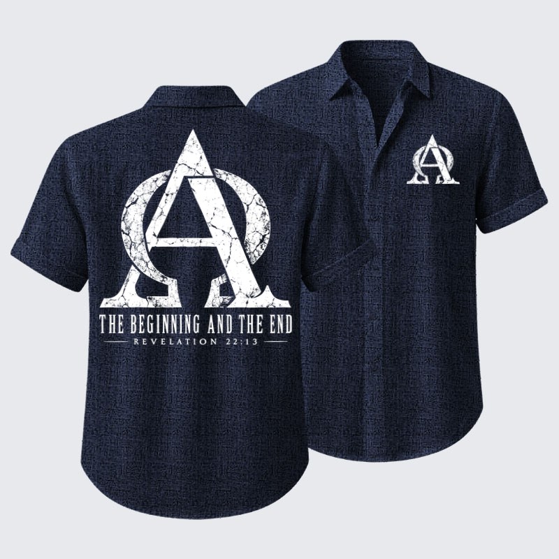Short Sleeve Casual Shirt - Alpha & Omega – The Beginning and the End - Navy blue (front and back)