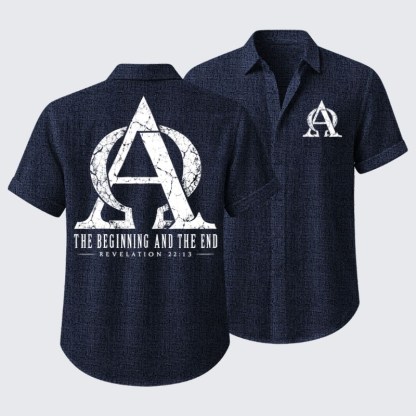 Short Sleeve Casual Shirt - Alpha & Omega – The Beginning and the End - Navy blue (front and back)