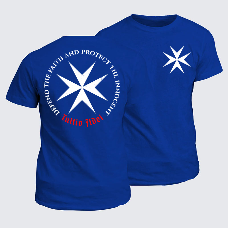 Classic Cotton Tee - Defend the Faith, Protect the Innocent Christian Knighti – Tuitio Fide - Royal Blue (front and back)