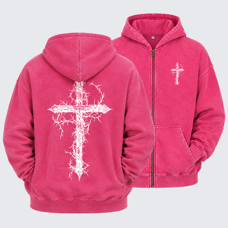Washed Zip-Up Hoodie - Cross - Pink (front and back)