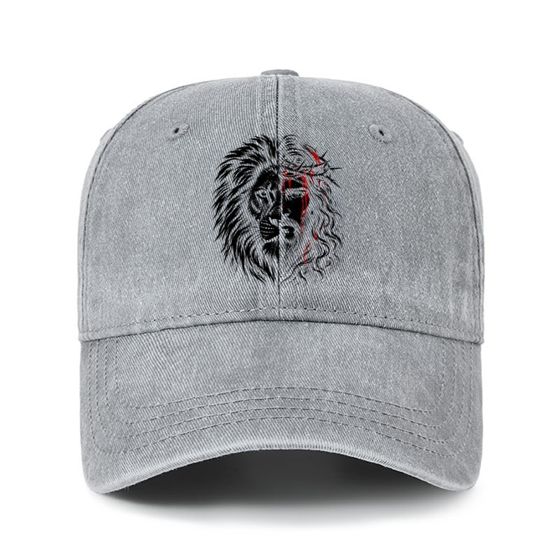 Heritage Washed Cap - Lion of Judah & Jesus – Crown of Thorns - Gray (front)
