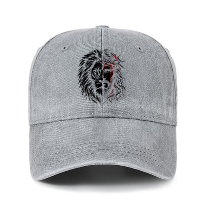 Heritage Washed Cap - Lion of Judah & Jesus – Crown of Thorns - Gray (front)