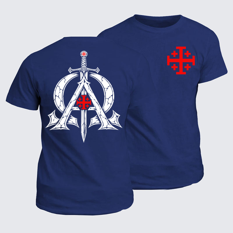 Classic Cotton Tee - Alpha & Omega – Revelation 22:13 Christian Warrior - Navy (front and back)