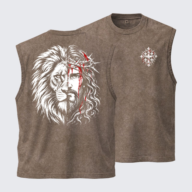 Washed Tank Top - Lion of Judah & Jesus – Crown of Thorns - Coffee (front and back)