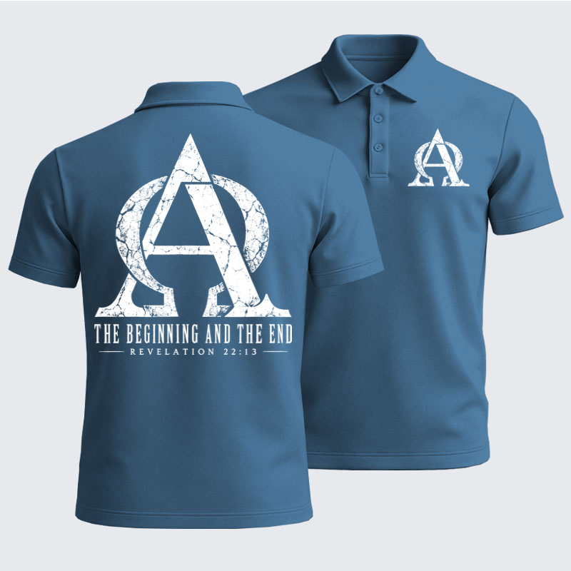 Men’s Premium Cotton Polo Shirt - Alpha & Omega – The Beginning and the End - Ocean Blue (front and back)