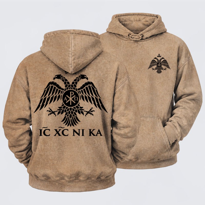 Washed Hoodie - IC XC NIKA – Chi-Rho Double-Headed Eagle - Khaki (front and back)