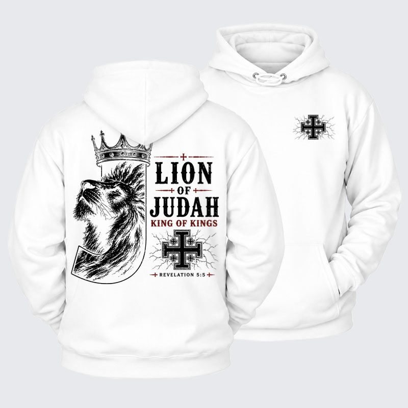 Plush Fleece-Lined Hoodie - Lion of Judah - White (front and back)