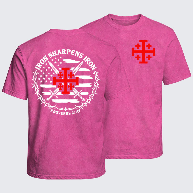 Washed T-Shirt - Iron Sharpens Iron – Jerusalem Cross & American Flag - Pink (front and back)