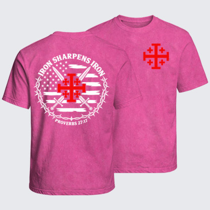 Washed T-Shirt - Iron Sharpens Iron – Jerusalem Cross & American Flag - Pink (front and back)