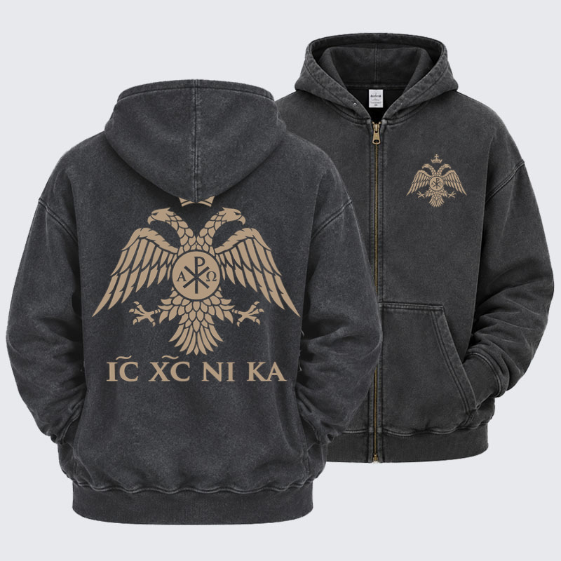 Washed Zip-Up Hoodie - IC XC NIKA – Chi-Rho Double-Headed Eagle - Black