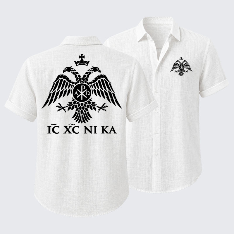 Short Sleeve Casual Shirt - IC XC NIKA – Chi-Rho Double-Headed Eagle - White (front and back)