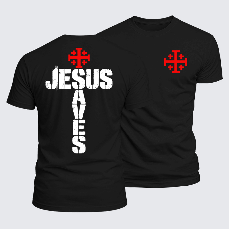 Luxe Mercerized Cotton Tee - Jesus Saves Jerusalem Cross - Black (front and back)