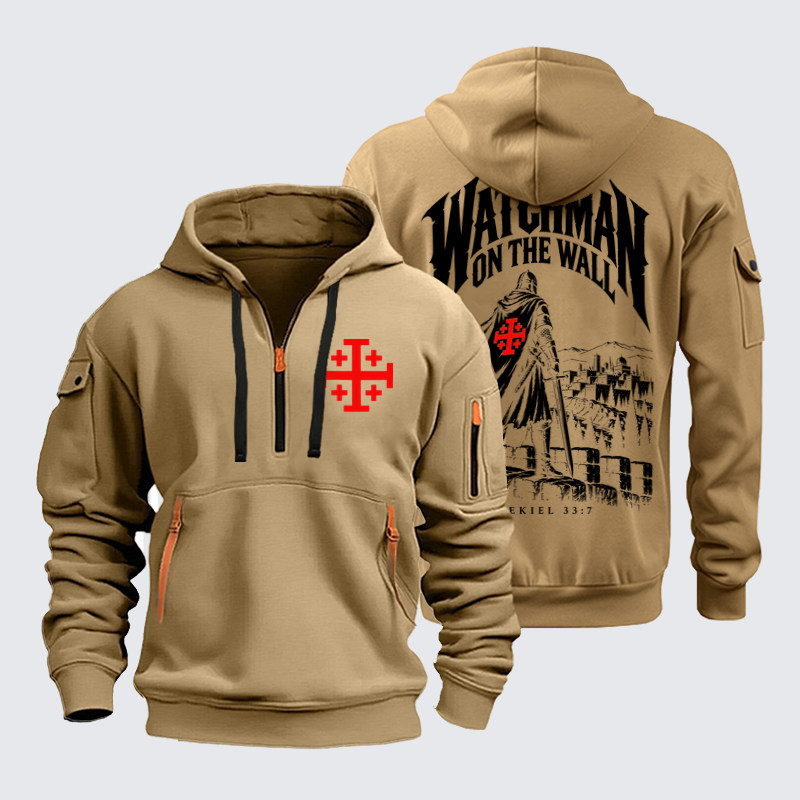 Zipper Hoodies - Watchman on the Wall – Ezekiel 33:7 - Khaki (front and back)