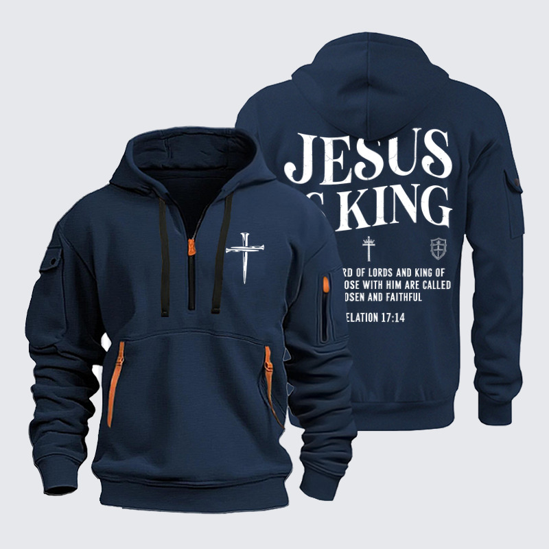 Zipper Hoodies - Jesus Is King Bible Verse - Navy (front and back)