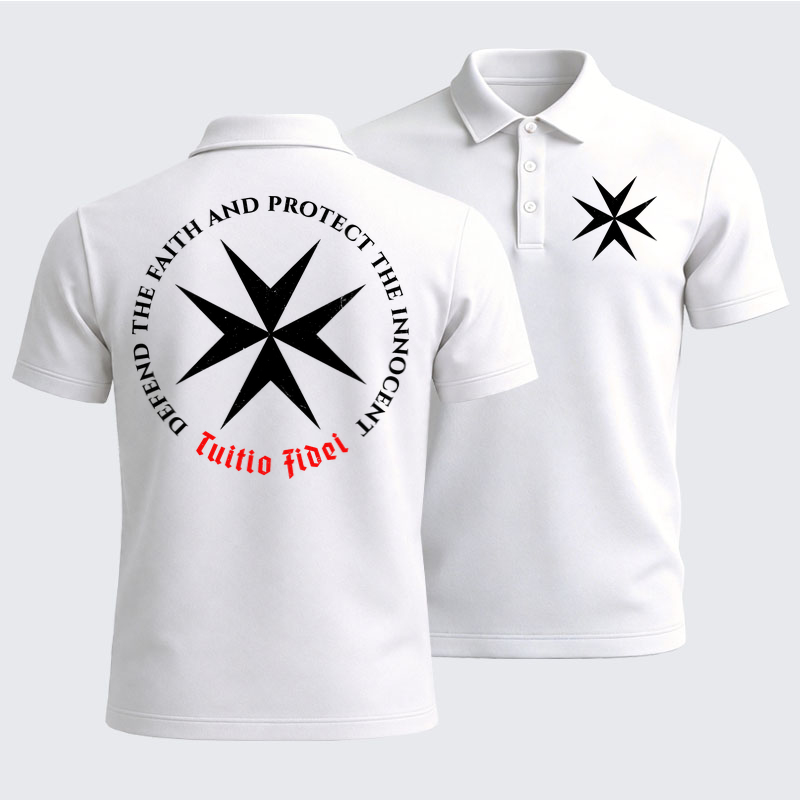 Men’s Premium Cotton Polo Shirt - Defend the Faith, Protect the Innocent Christian Knighti – Tuitio Fide - White (front and back)