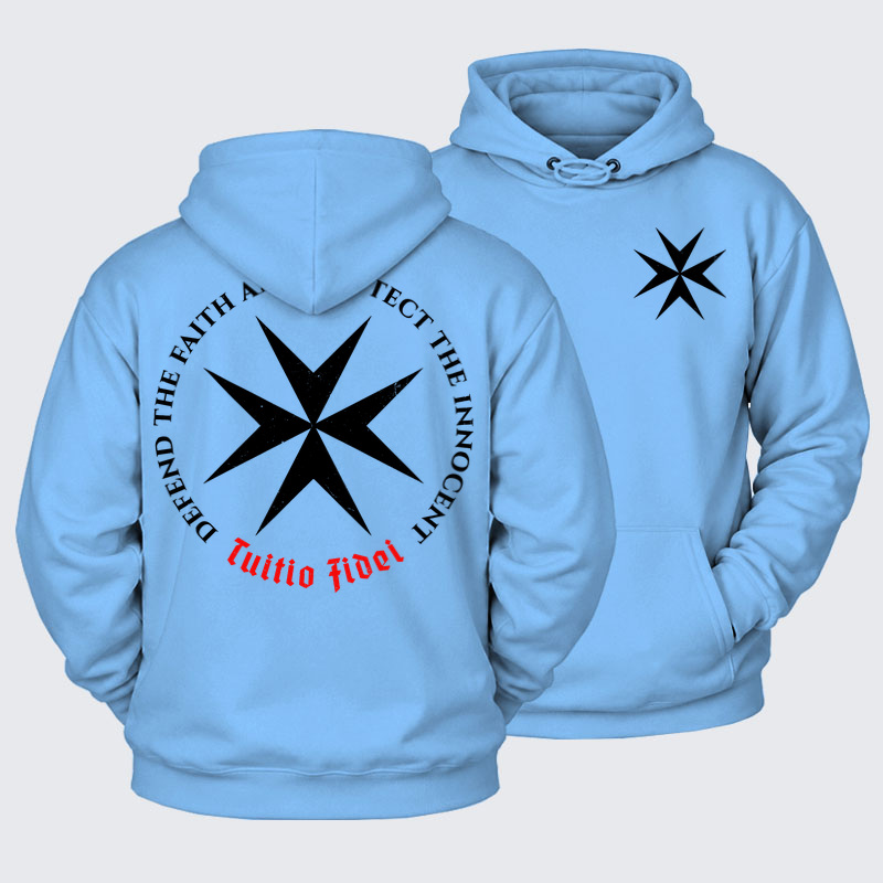Plush Fleece-Lined Hoodie - Defend the Faith, Protect the Innocent Christian Knighti – Tuitio Fide - Blue (front and back)