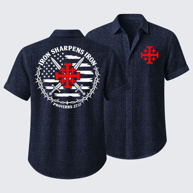 Short Sleeve Casual Shirt - Iron Sharpens Iron – Jerusalem Cross & American Flag - Navy blue (front and back)