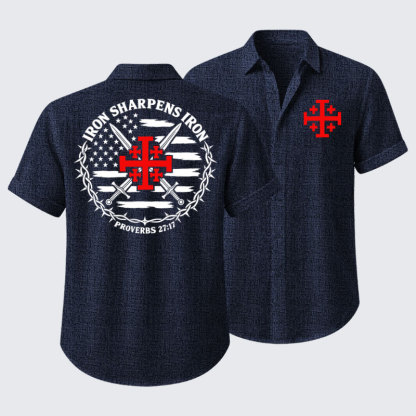 Short Sleeve Casual Shirt - Iron Sharpens Iron – Jerusalem Cross & American Flag - Navy blue (front and back)