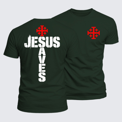 Luxe Mercerized Cotton Tee - Jesus Saves Jerusalem Cross - Forest Green (front and back)