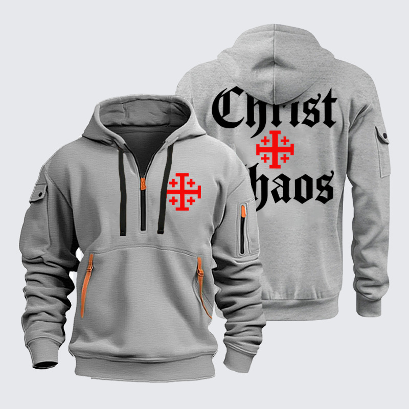 Zipper Hoodies - Christ Or Chaos Jerusalem Cross - Light Gray (front and back)