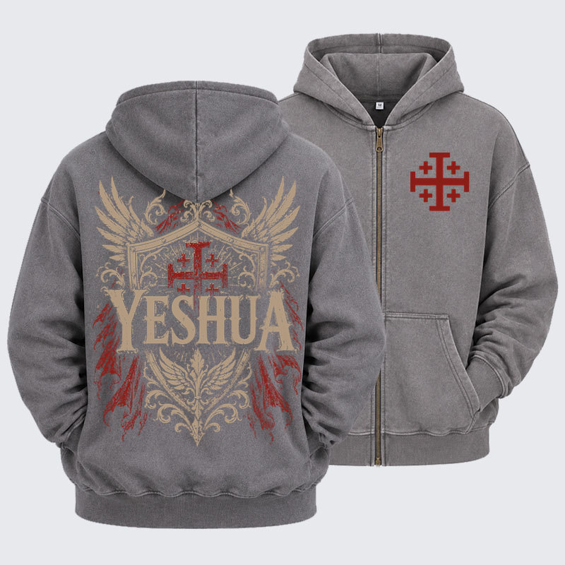 Washed Zip-Up Hoodie - Yeshua – King of Kings - Grey (front and back)