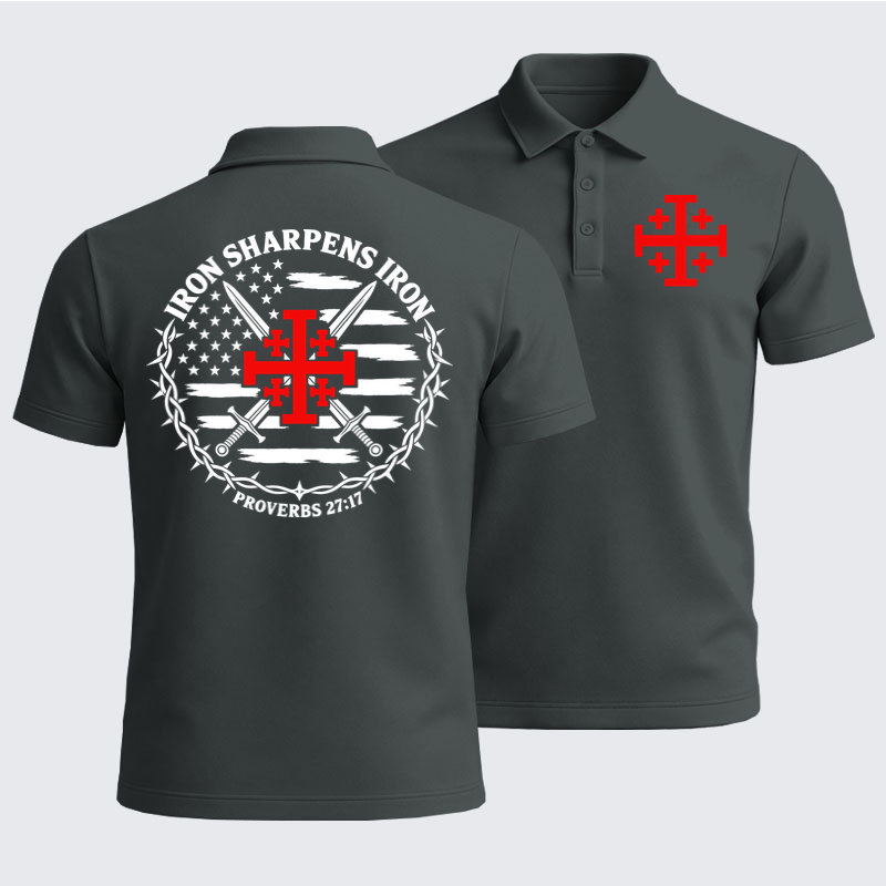 Men’s Premium Cotton Polo Shirt - Iron Sharpens Iron – Jerusalem Cross & American Flag - Dark Gray (front and back)
