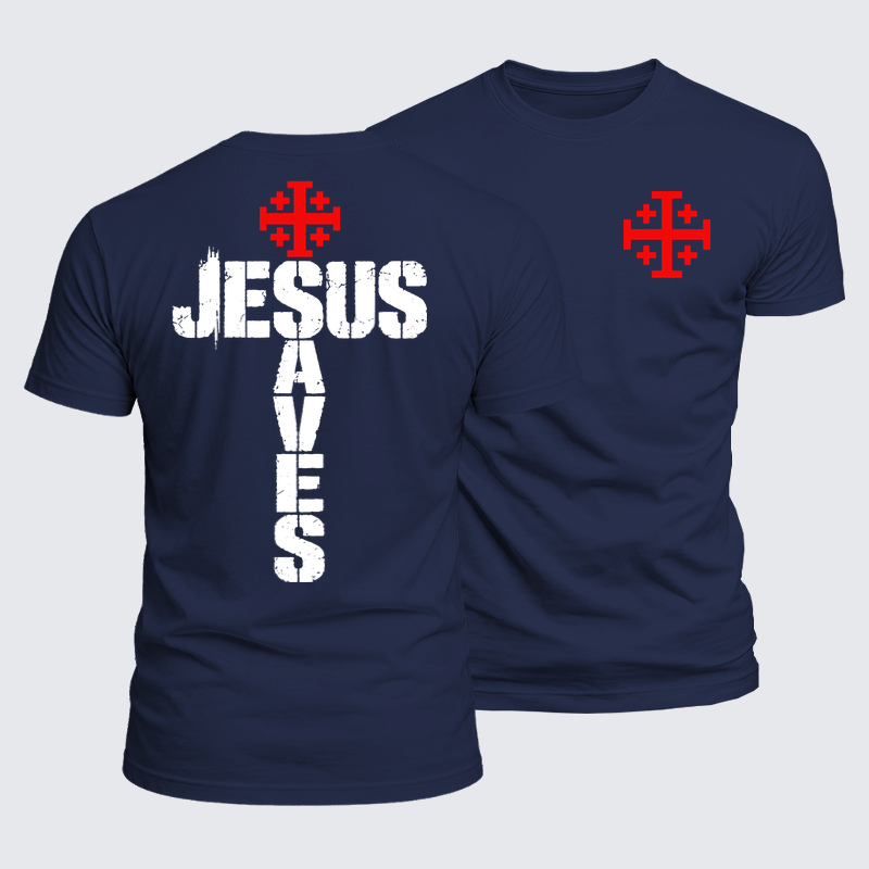 Luxe Mercerized Cotton Tee - Jesus Saves Jerusalem Cross - Navy Blue (front and back)