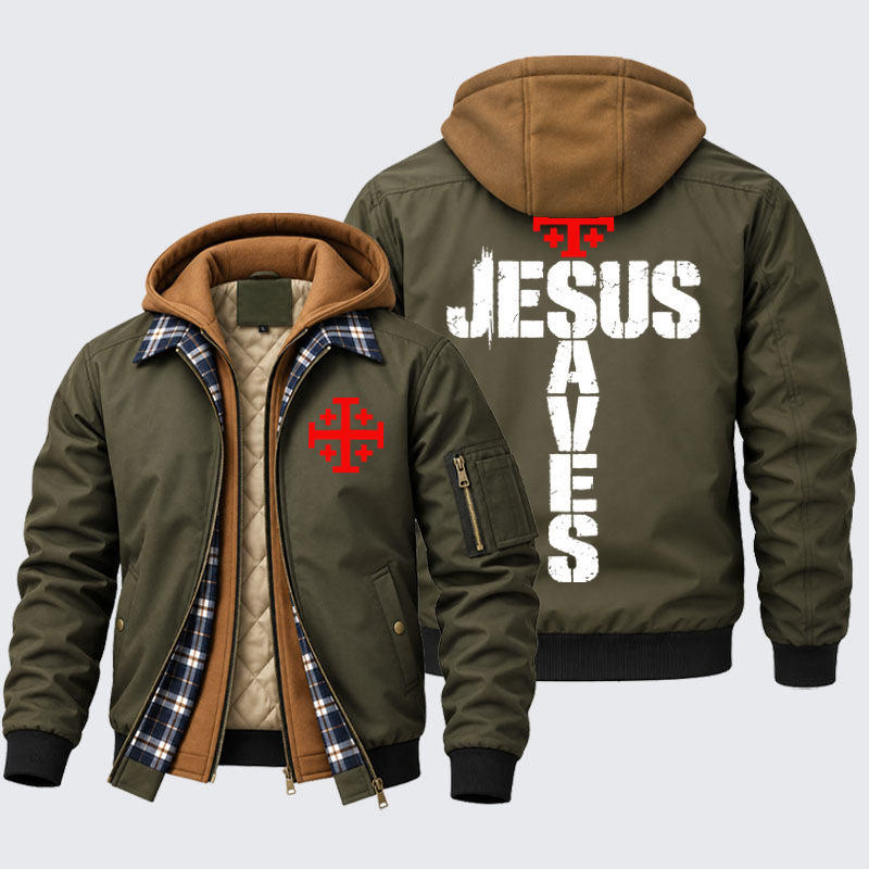 Hooded Bomber Jacket - Jesus Saves Jerusalem Cross - Army Green (front and back)