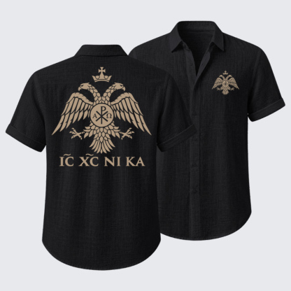 Short Sleeve Casual Shirt - IC XC NIKA – Chi-Rho Double-Headed Eagle - Black (front and back)