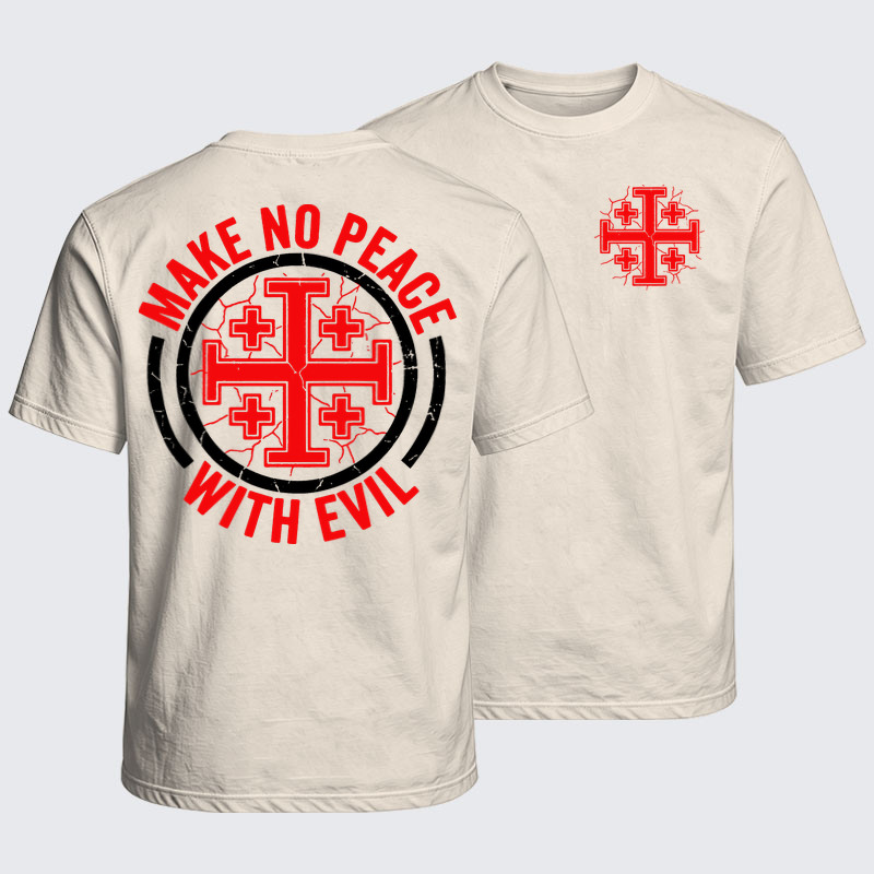 Washed T-Shirt - Make No Peace with Evil Knight Templar Jerusalem Cross - Beige (front and back)