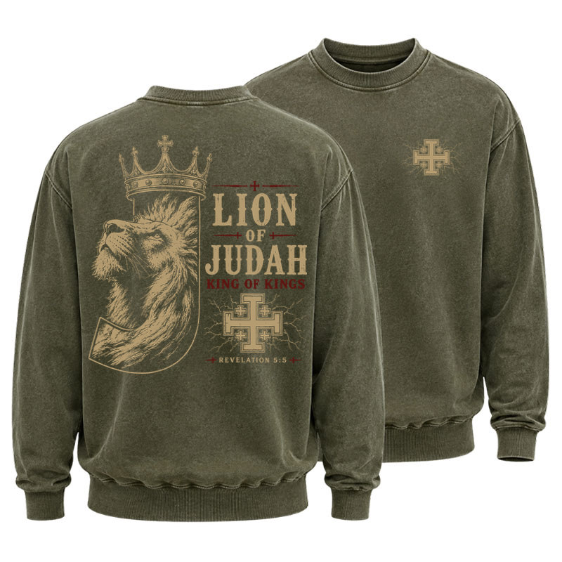 Washed Sweatshirt - Lion of Judah - Army Green (front and back)