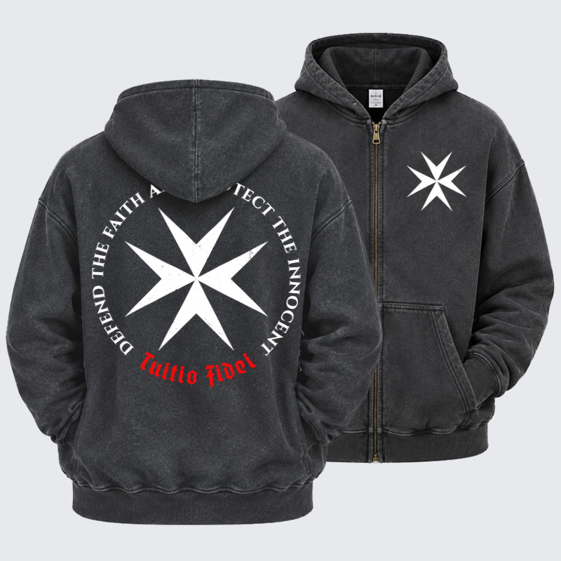 Washed Zip-Up Hoodie - Defend the Faith, Protect the Innocent Christian Knighti – Tuitio Fide - Black (front and back)